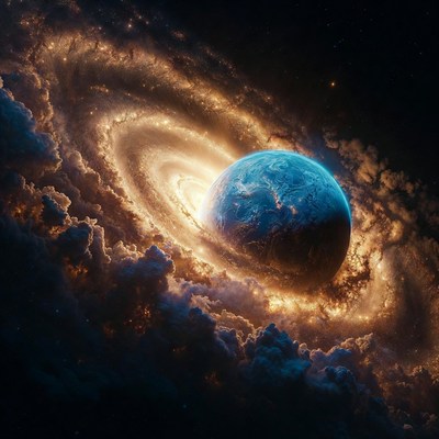 Blue Planet in Golden Spiral Galaxy