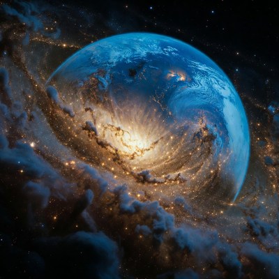 Earth in Cosmic Nebula Swirl