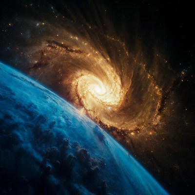 Spiral Galaxy Swirling Near Blue Planet