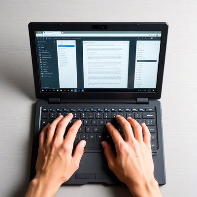 Hands typing on laptop keyboard