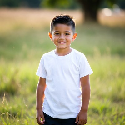 Smiling Latino boy in white t-shirt outdoors
