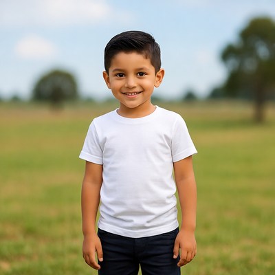 Smiling Latino boy in field