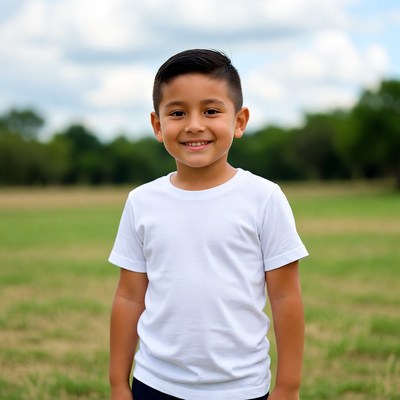 Smiling Latino boy in white t-shirt outdoors