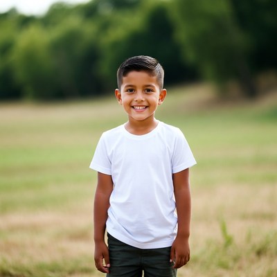 Smiling Latino boy in white t-shirt outdoors