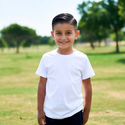 Smiling Latino boy in white t-shirt outdoors