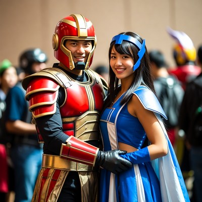 Cosplay Couple in Red and Blue Armor