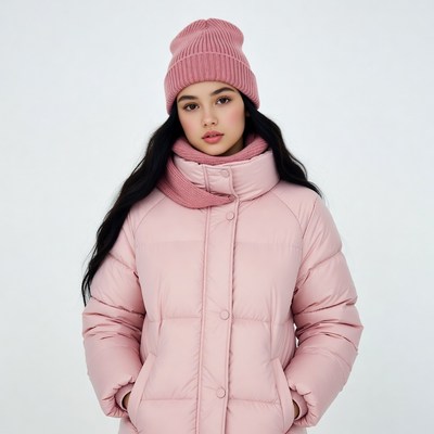 Asian woman in pink puffer jacket