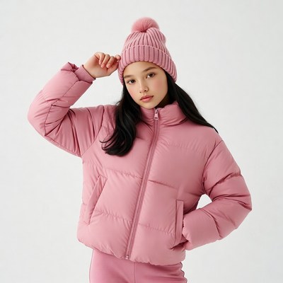 Asian girl in pink puffer jacket and beanie
