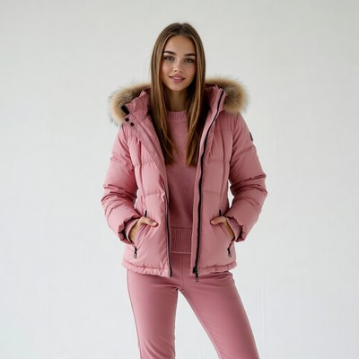 Woman in pink fur hood jacket