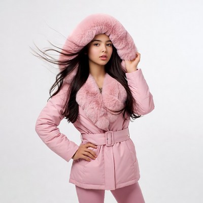 Asian girl in pink fur hood jacket