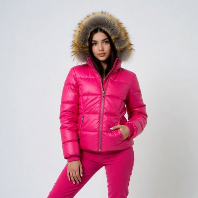 Woman in pink puffer jacket with fur hood