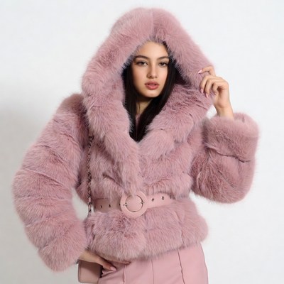 Woman in pink fur hooded jacket
