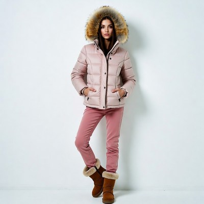 Woman in pink fur hood jacket