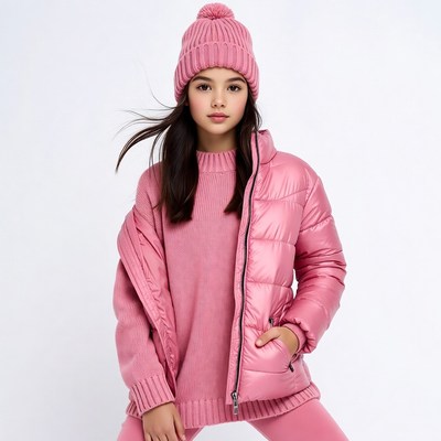 Girl in pink beanie and puffer jacket