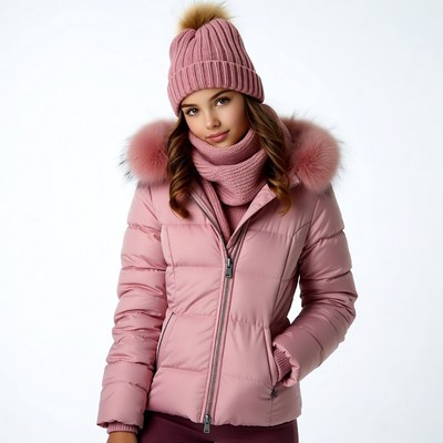 Woman in pink puffer jacket and beanie