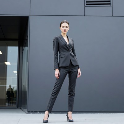Woman in gray suit against building
