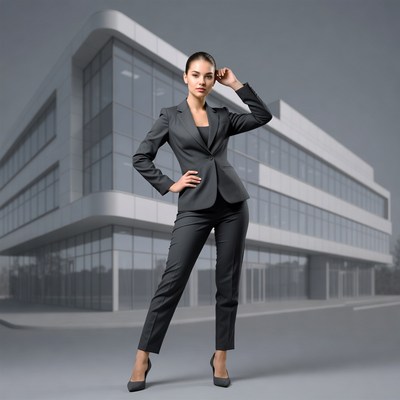 Business woman in gray suit outside modern building