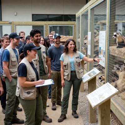 Tour guides viewing raccoons at zoo