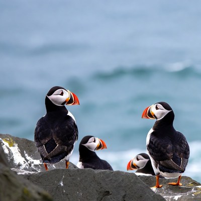 Atlantic Puffins on Rocky Cliff
