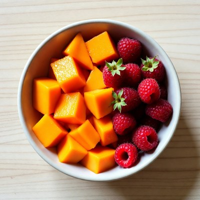 Bowl of Mango Chunks and Raspberries