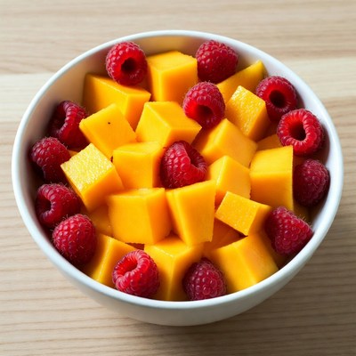 Raspberries and Mango Chunks in Bowl