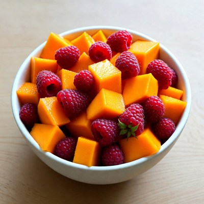 Bowl of Raspberries and Mango Chunks