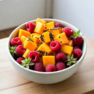 Mango Chunks with Raspberries in Bowl