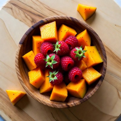 Mango and Raspberries in Wooden Bowl