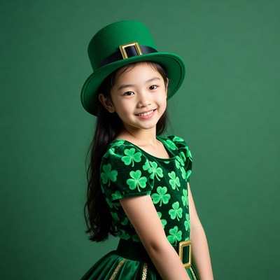 Asian girl in green leprechaun costume