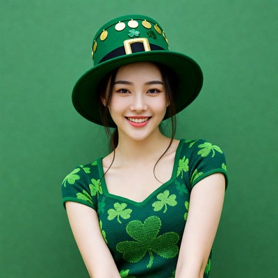 Asian woman in shamrock hat and dress