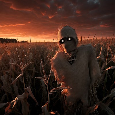 Scary Scarecrow in Cornfield at Sunset
