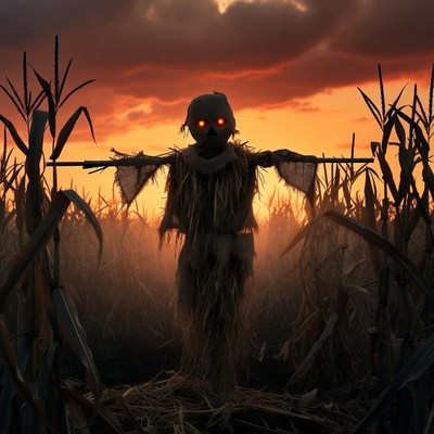 Scary Scarecrow in Cornfield at Sunset