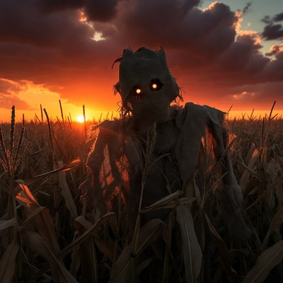 Scary Scarecrow in Cornfield at Sunset