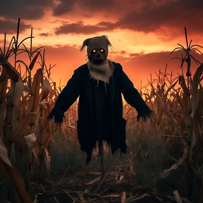 Scary Scarecrow in Cornfield at Sunset