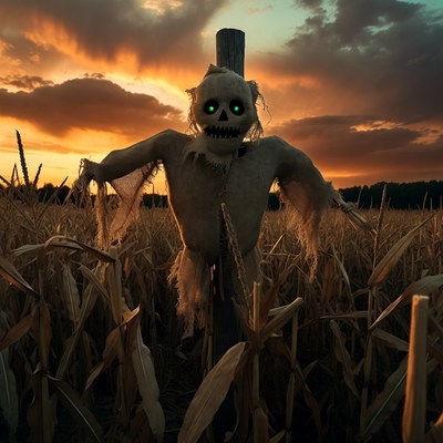 Scary Scarecrow in Cornfield at Sunset