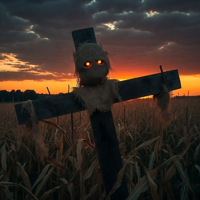 Scary Scarecrow in Cornfield at Sunset