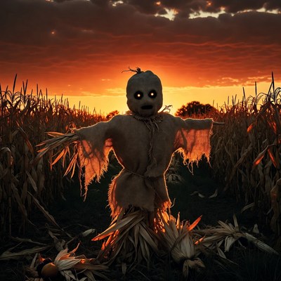 Scary Scarecrow in Cornfield at Sunset