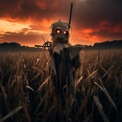 Scary Scarecrow in Cornfield at Sunset