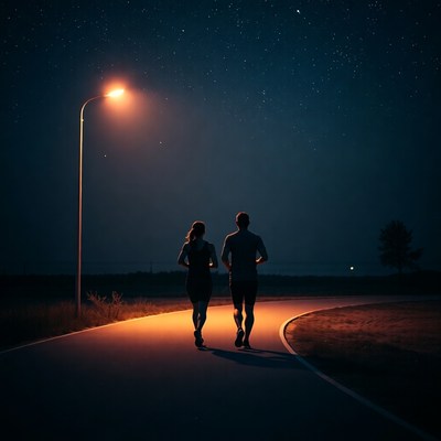 Couple jogging at night under streetlamp