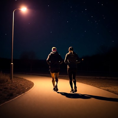 Couple jogging at night under streetlight