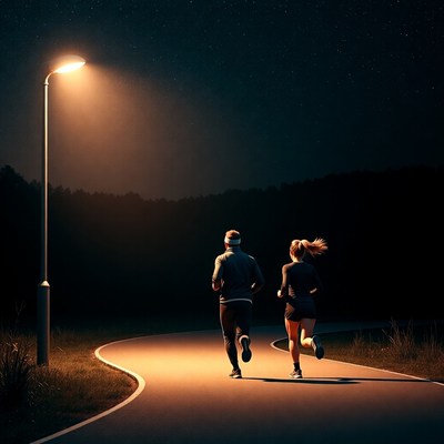 Couple jogging at night under streetlamp