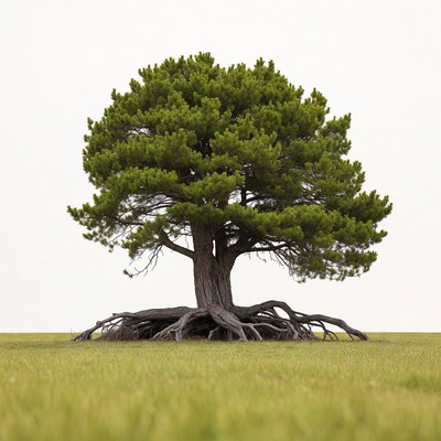Tall pine tree with exposed roots