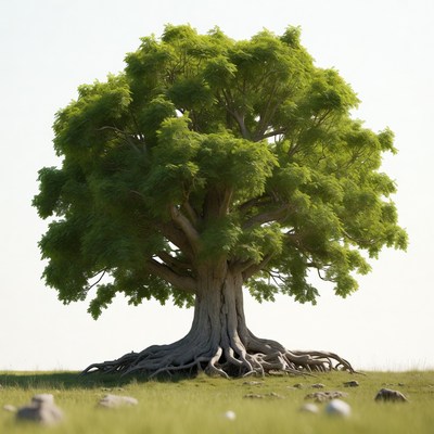 Large green tree with exposed roots