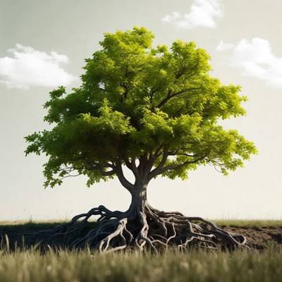 Tree with Exposed Roots in Grass