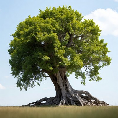 Large tree with exposed roots in field