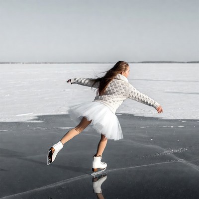 Girl ice skating on frozen lake