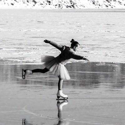 Girl ice skating on frozen lake