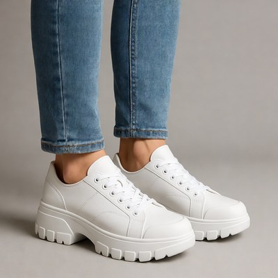 Woman wearing white platform sneakers