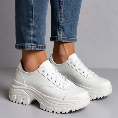 Woman wearing white platform sneakers
