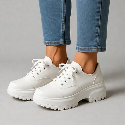 Woman wearing white platform sneakers